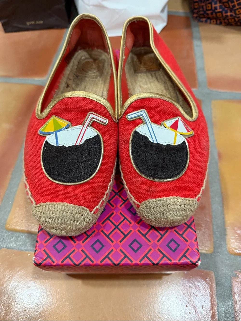 Tory Burch Red Espadrille Flats with Tropical Cocktail Appliqué
